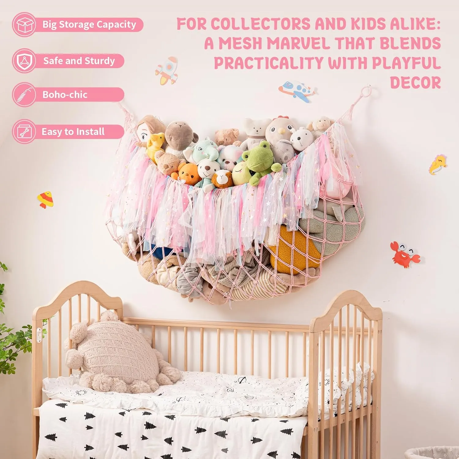 Large Stuffed Animal Hammock, 59'' L Wall Hanging Net for Stuffed Animal Storage, Boho Macrame Toy Net Hammock for Kids Girls Bedroom Playroom Nursery Decor Plushie Teddy Bear Storage - Pink