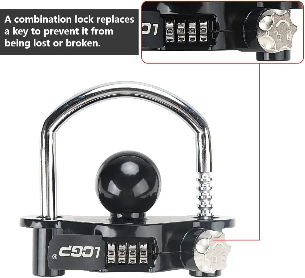 LCGP Black Trailer Hitch Lock with Combination Lock, Fits 1-7/8,2 and 2-5/16 Inch Couplers,Adjustable Storage Security, Heavy-Duty Steel