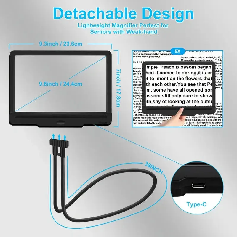 LED Magnifying Glass with Stand - 5x Zoom, USB Rechargeable Reading Aid
