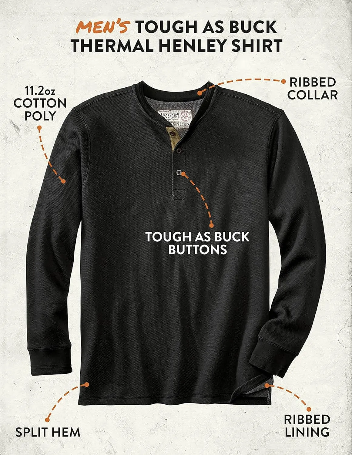 Legendary Whitetails Men's Tough as Buck Double Layer Thermal Henley Shirt-Casual Long Sleeve Waffle Knit Regular Fit