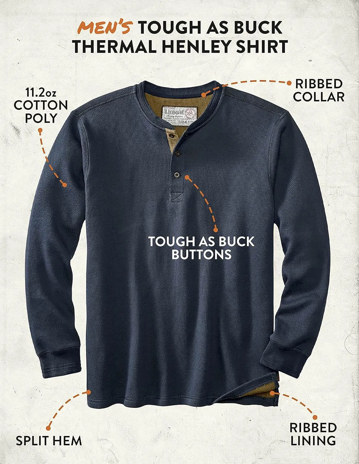 Legendary Whitetails Men's Tough as Buck Double Layer Thermal Henley Shirt-Casual Long Sleeve Waffle Knit Regular Fit