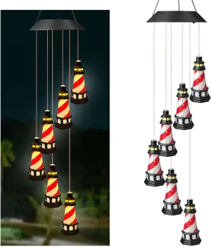 Lighthouse Solar Windchimes Outdoor Lighthouse Decorative Wind Chimes Solar Hanging Lighthouse Outdoor Garden Lighthouse（Red）