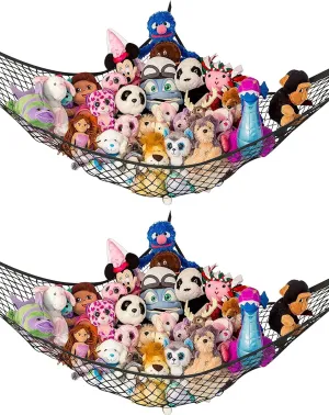 Lilly's Love Large Stuffed Animal Hammock | Corner Hanging Organizer, Stuffed Animal Storage | Easy to Hang Plushie Net w/Included Anchors & Hooks | Cute Room & Bedroom Decor (Black, 2 Pack)