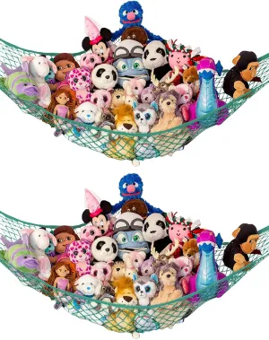 Lilly's Love Stuffed Animal Hammock | Corner Hanging Organizer, Stuffed Animal Storage | Easy to Hang Plushie Net w/Included Anchors & Hooks | Cute Room & Bedroom Decor (Green, 2 Pack)
