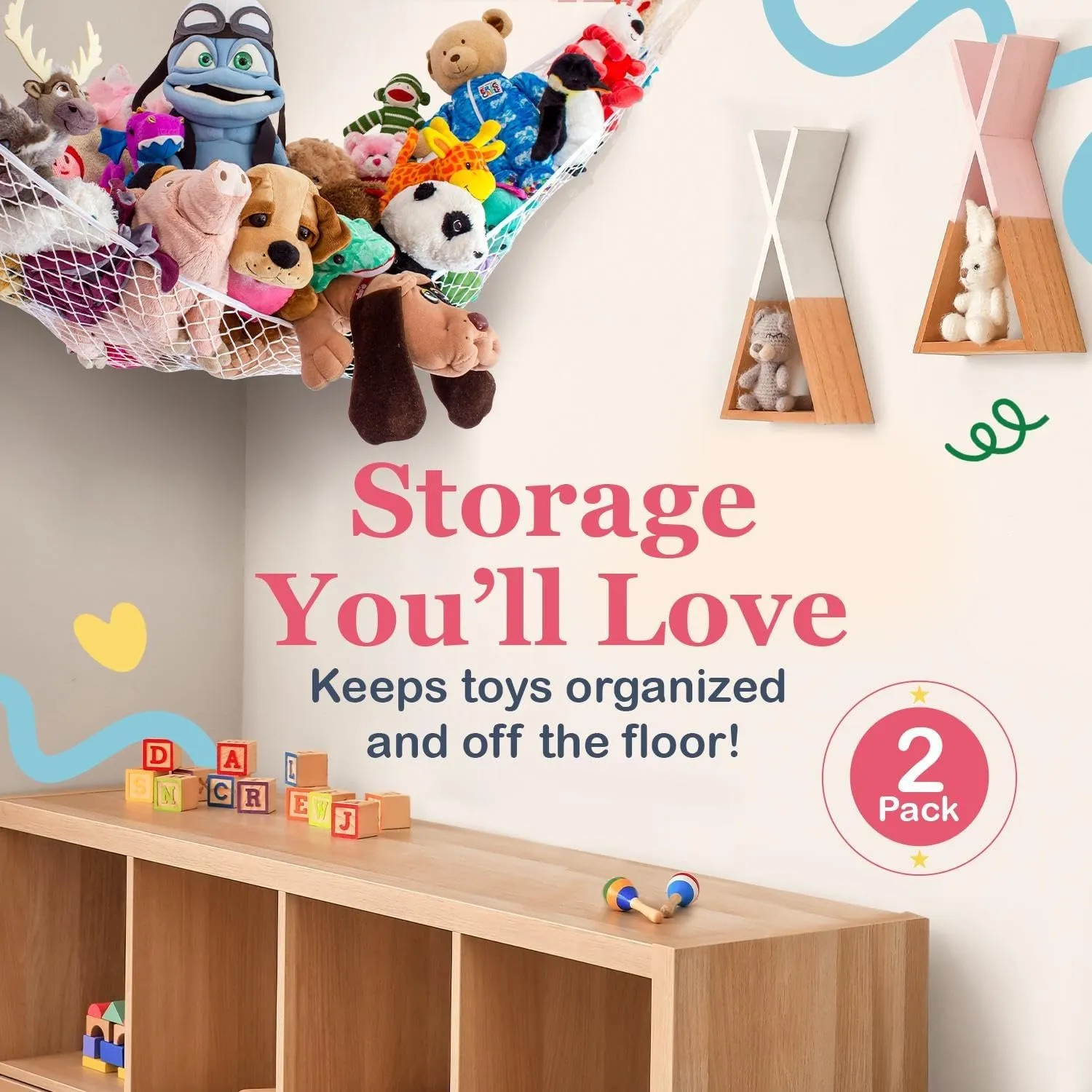 Lilly's Love Stuffed Animal Hammock | Corner Hanging Organizer, Stuffed Animal Storage | Easy to Hang Plushie Net w/Included Anchors & Hooks | Cute Room & Bedroom Decor (Green, 2 Pack)