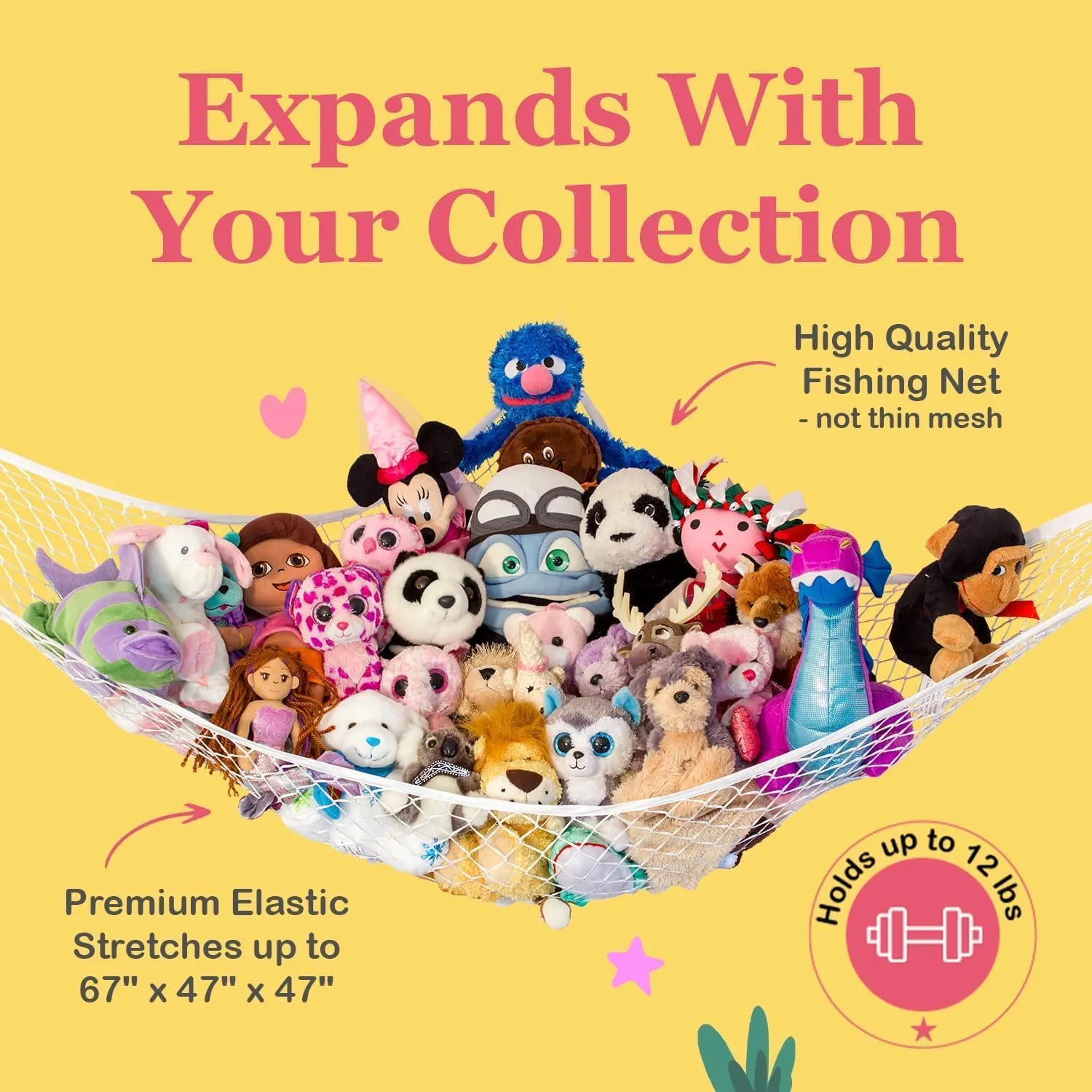 Lilly's Love Stuffed Animal Hammock | Corner Hanging Organizer, Stuffed Animal Storage | Easy to Hang Plushie Net w/Included Anchors & Hooks | Room & Bedroom Decor (Pink)