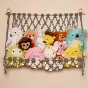 Lilly's Love Stuffed Animal Macrame Hammock Display Swing w/String Lights | Large Boho Style Rope Net Holder for Kids Toys | Hanging Corner Nursery Storage Organizer for Your Plushie Pets (Grey)