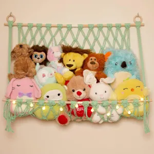 Lilly's Love Stuffed Animal Macrame Hammock Display Swing w/String Lights | Large Boho Style Rope Net Holder for Kids Toys | Hanging Corner Nursery Storage Organizer for Your Plushie Pets (Mint)