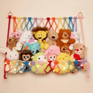 Lilly's Love Stuffed Animal Macrame Hammock Display Swing w/String Lights | Large Boho Style Rope Net Holder for Kids Toys | Hanging Corner Nursery Storage Organizer for Your Plushie Pets (Rainbow)