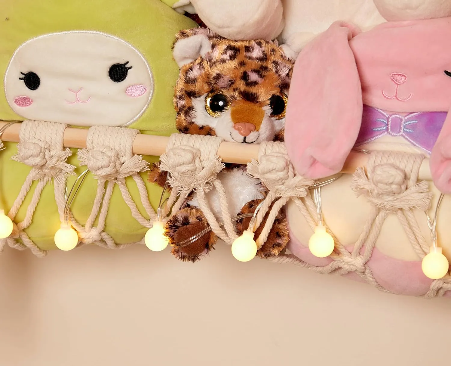 Lilly's Love Stuffed Animal Macrame Hammock Display Swing w/String Lights | Large Boho Style Rope Net Holder for Kids Toys | Hanging Corner Nursery Storage Organizer for Your Plushie Pets (Rainbow)