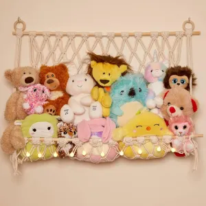 Lilly's Love Stuffed Animal Macrame Hammock Display Swing w/String Lights | Large Boho Style Rope Net Holder for Kids Toys | Hanging Corner Nursery Storage Organizer for Your Plushie Pets (White)