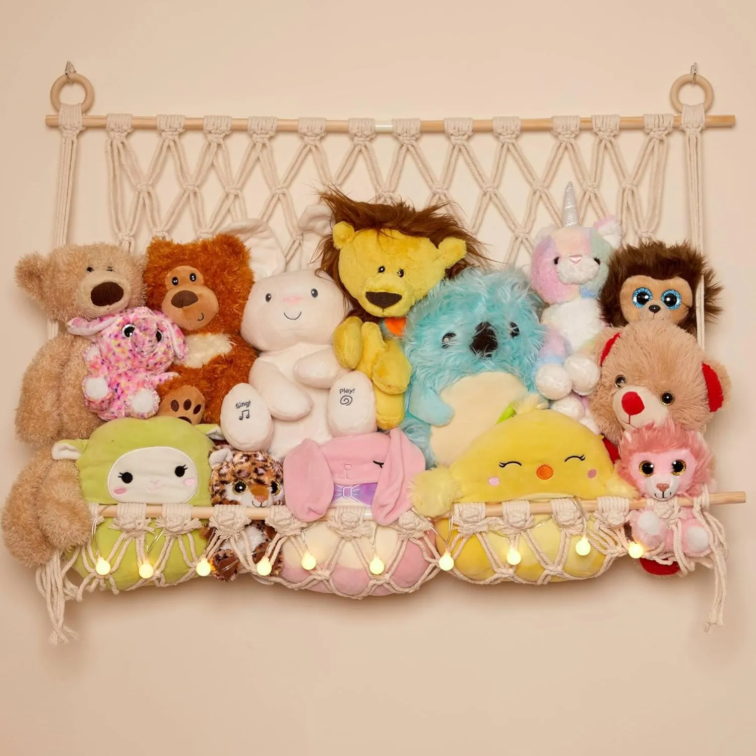 Lilly's Love Stuffed Animal Macrame Hammock Display Swing w/String Lights | Large Boho Style Rope Net Holder for Kids Toys | Hanging Corner Nursery Storage Organizer for Your Plushie Pets (White)
