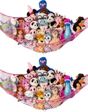 Lilly's Love Stuffed Animal Storage Hammock - Extra Large 2 Pack, Corner Hanging Stuffed Animal Net Organizer - Stuffed Animals Toy Storage (Coral)