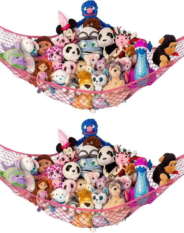 Lilly's Love Stuffed Animal Storage Hammock - Extra Large 2 Pack, Corner Hanging Stuffed Animal Net Organizer - Stuffed Animals Toy Storage (Coral)