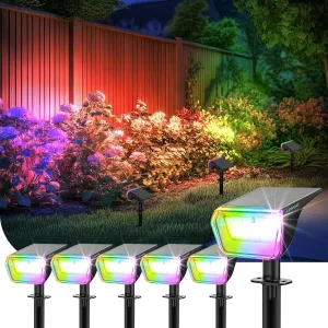 Linkind Solar Lights Outdoor, 50 LEDs Color Changing Spotlights, Solar RGB Light with 10 Lighting Modes and IP67 Waterproof, Multicolor Outdoor Lighting for Yard, Garden, Landscape Decorations, 6Pack