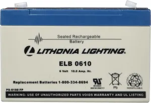 Lithonia Lighting ELB 0610 Emergency Replacement Battery, 250 watts, 6 Volts, Black