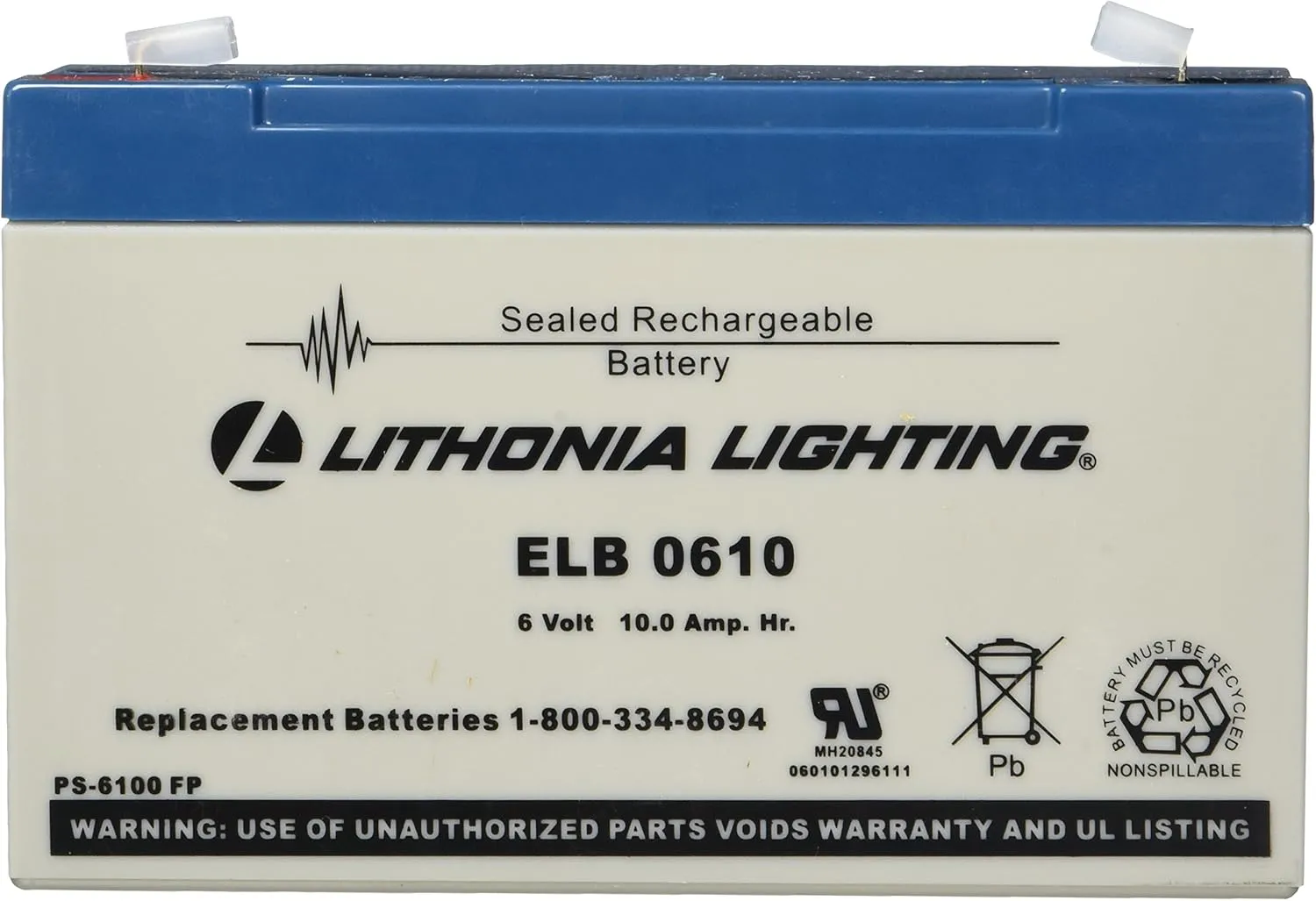 Lithonia Lighting ELB 0610 Emergency Replacement Battery, 250 watts, 6 Volts, Black