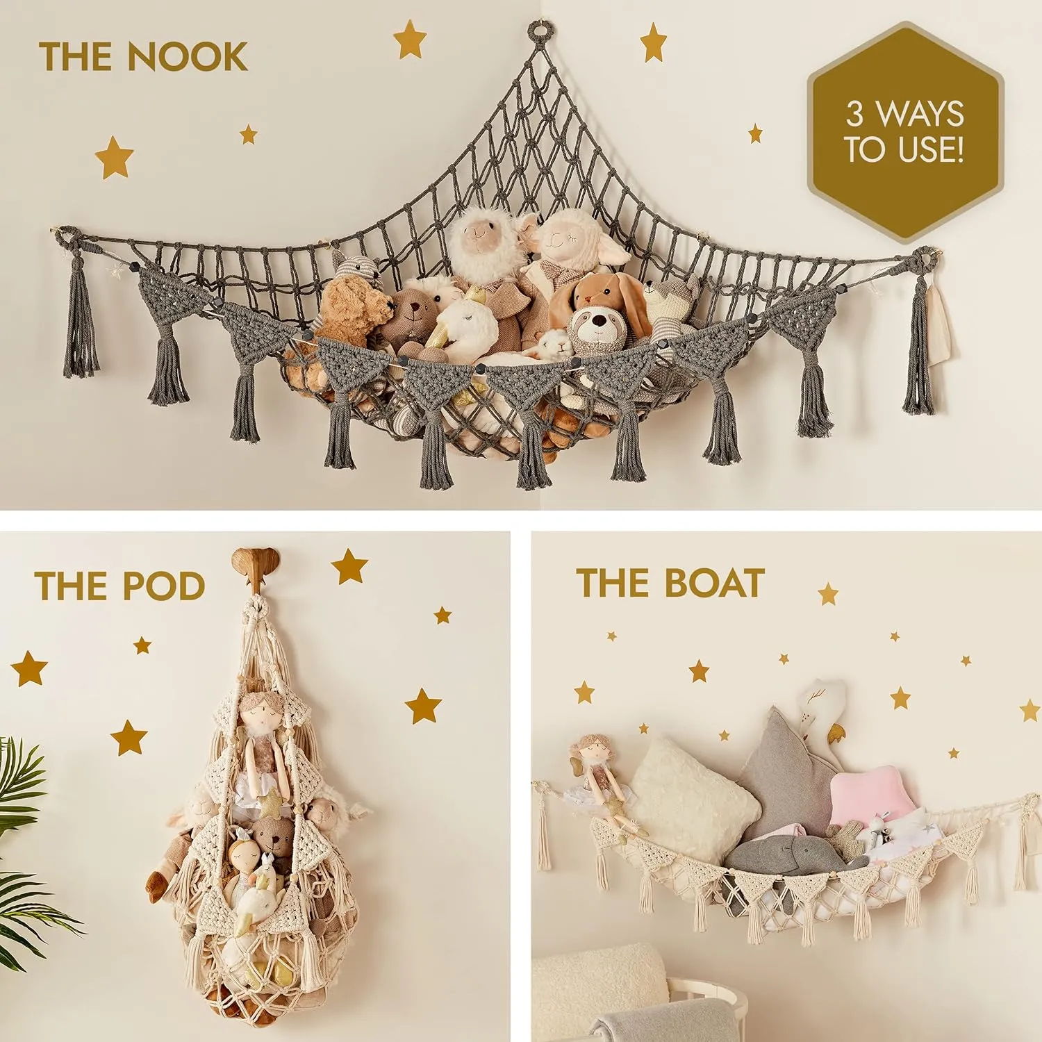 Macrame DreamLights Boho Stuffed Animal Storage Net Hammock Extra Large Plush Toy Storage Holder For Small Or Large Plushies BLUE