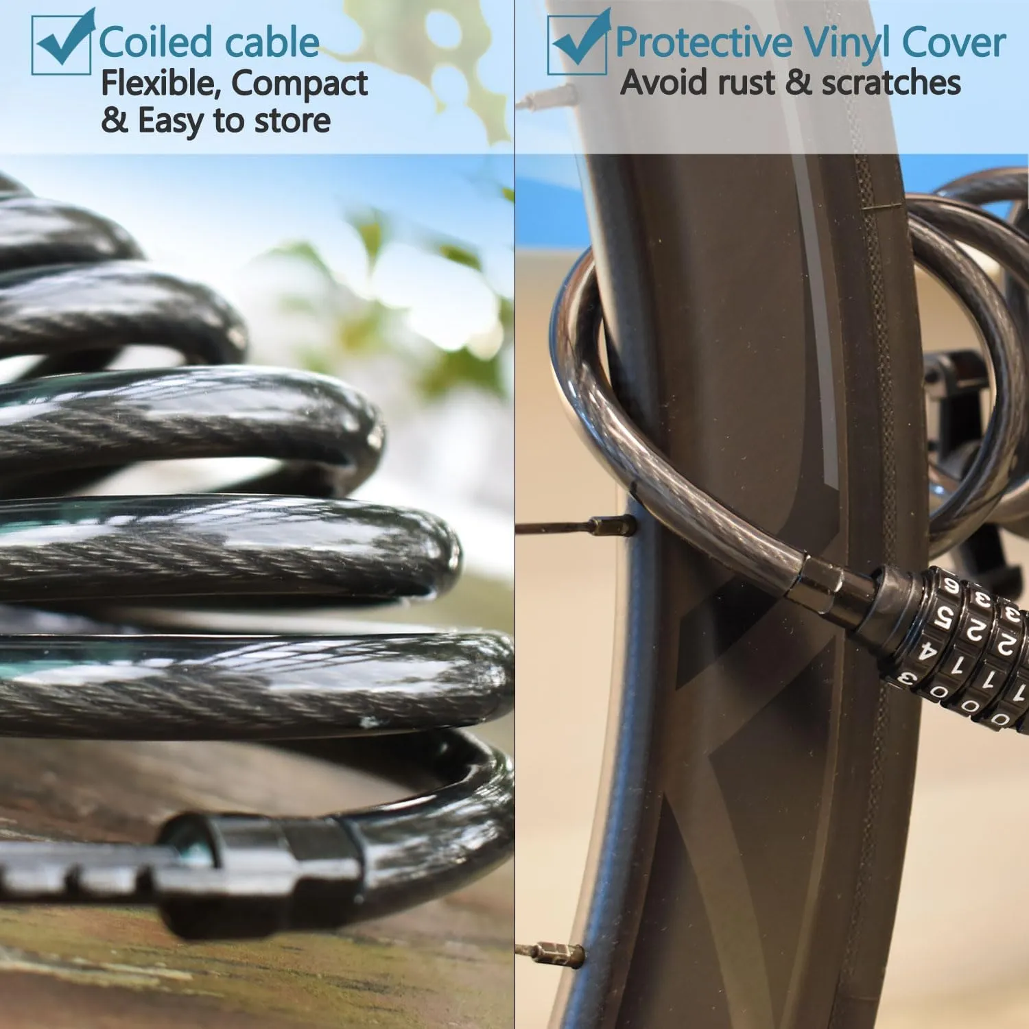 MARQUE Combination Bike Lock Cable- 3/8 inch (5FT, 10FT, 15FT, 25FT) Resettable Combination Lock, Anti-Theft Coiled Secutiry Cable for Bicycles, Kayaks, Paddle Boards, Gates and Outdoor Gear (5 FT)