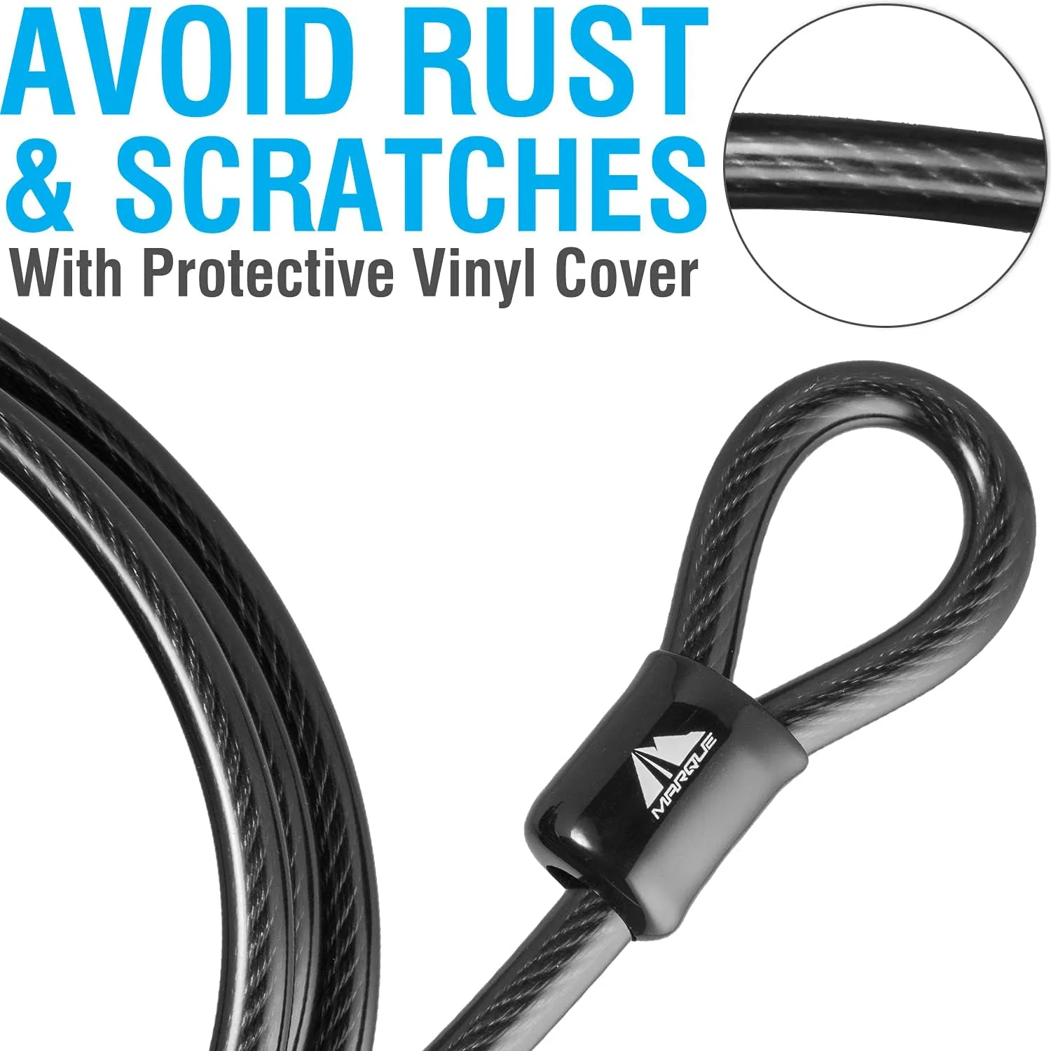 MARQUE Security Steel Cable - 3/8 inch (10 mm) Thick (4', 7', 15', 20' or 30') Vinyl Coated Braided Steel Cable with Double Sealed Looped Ends for U-Lock, Padlock, Disc Lock (15 FT)