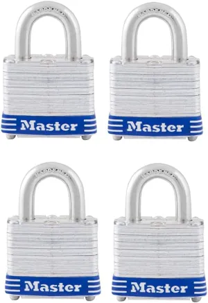 Master Lock 3008D Outdoor Padlock with Key, Pack of 4 Keyed-Alike Silver 1-1/2 Inch