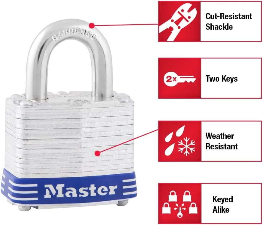 Master Lock 3008D Outdoor Padlock with Key, Pack of 4 Keyed-Alike Silver 1-1/2 Inch