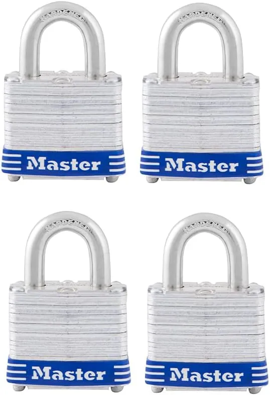 Master Lock 3008D Outdoor Padlock with Key, Pack of 4 Keyed-Alike Silver 1-1/2 Inch