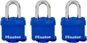 Master Lock 312TRI Laminated Padlock with Key & Thermoplastic Shell, Blue, Pack of 3 Keyed-Alike