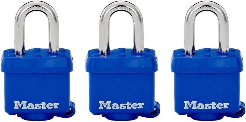 Master Lock 312TRI Laminated Padlock with Key & Thermoplastic Shell, Blue, Pack of 3 Keyed-Alike