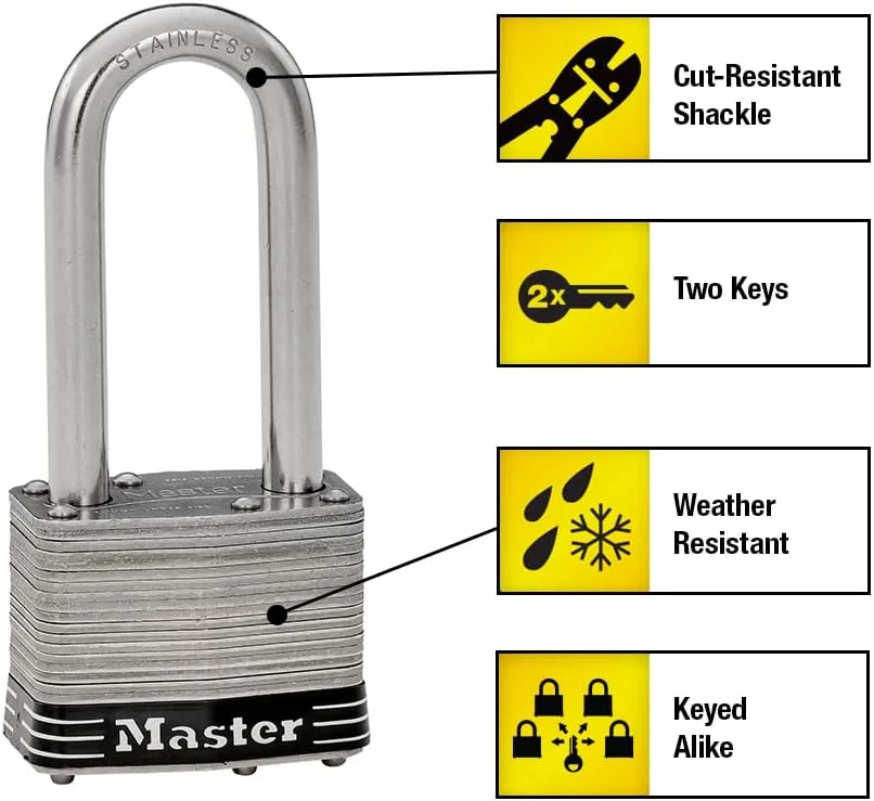 Master Lock 5SSTLJ Stainless Steel Outdoor Padlock with Key, 2 Pack Keyed-Alike, Silver