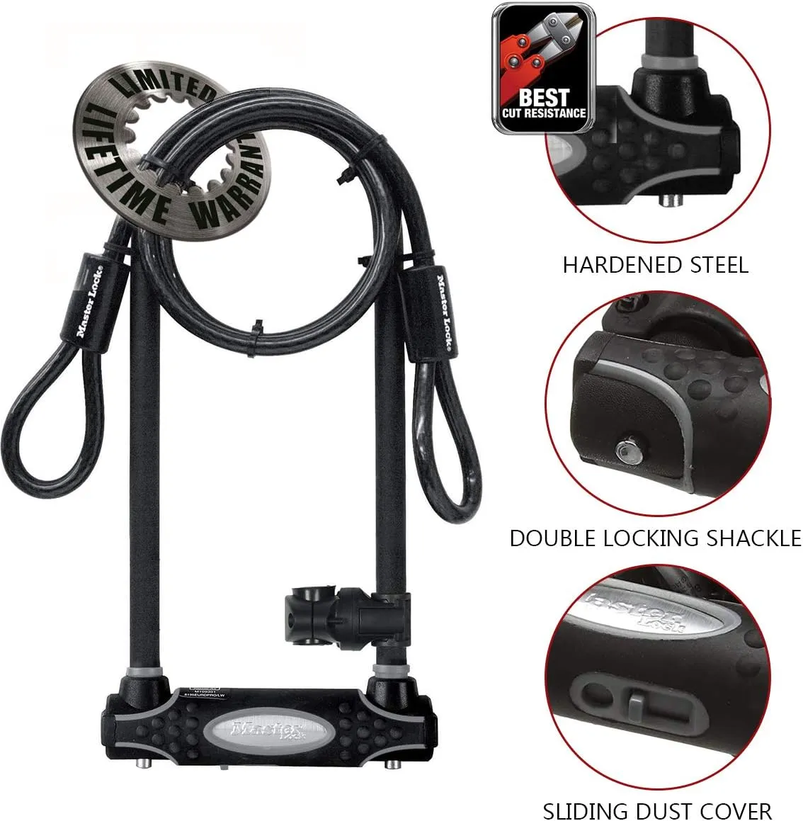 Master Lock Black Heavy Duty Outdoor U-Lock with Looped End Cable with 2 Keys, Anti-Theft Bike Lock with Extended Shackle Length for Motorcycles, Electric Scooters, with 2 Keys, 8285EC