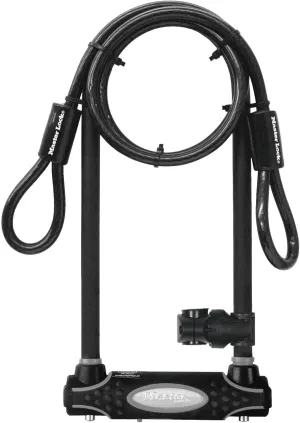 Master Lock Black Heavy Duty Outdoor U-Lock with Looped End Cable with 2 Keys, Anti-Theft Bike Lock with Extended Shackle Length for Motorcycles, Electric Scooters, with 2 Keys, 8285EC