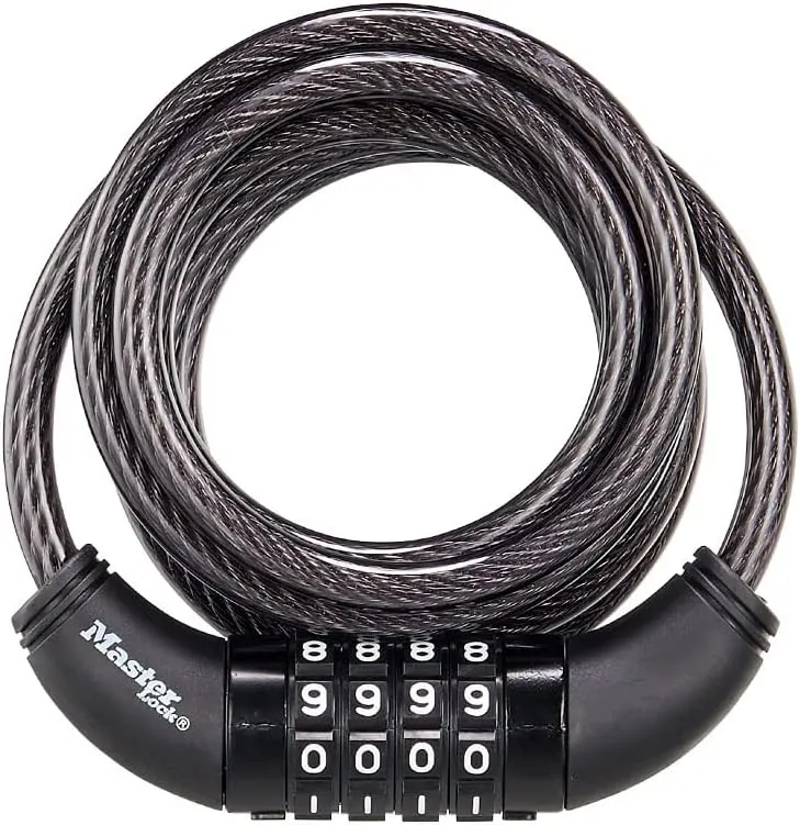 Master Lock Black Set Your Own Combination Bike Lock, Metal Cable Lock has a Weather Resistant Vinyl Coating for Outdoor Equipment, Bicycles, 6 Feet Long, 8114D