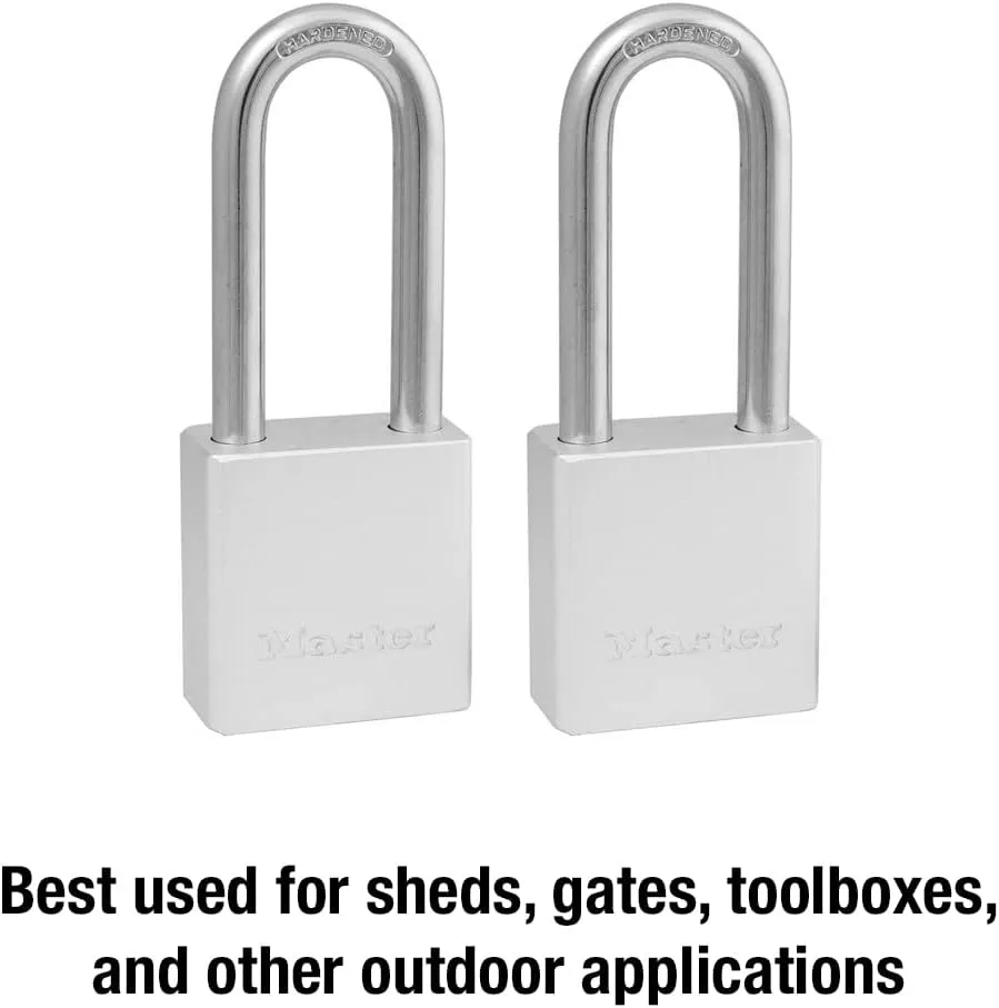 Master Lock Heavy Duty Solid Aluminum Padlock, Key Retaining Lock for Outdoor Use, 2in. Extended Shackle, Keyed Alike Padlocks, 2 Pack, 570TLH Silver