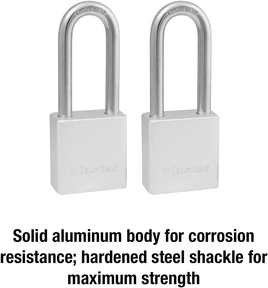 Master Lock Heavy Duty Solid Aluminum Padlock, Key Retaining Lock for Outdoor Use, 2in. Extended Shackle, Keyed Alike Padlocks, 2 Pack, 570TLH Silver