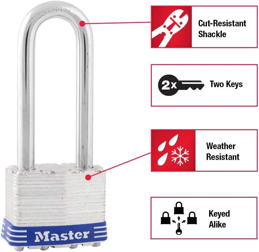 Master Lock Silver Outdoor Keyed-Alike Padlocks with Keys, Extra Long Shackle Lock for Gate, Fence, Shed, or Other Equipment, 3 Pack, 1TRILJ