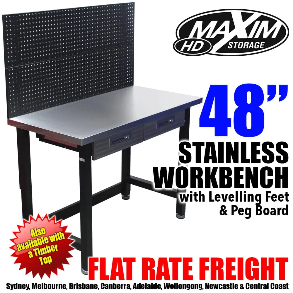 MAXIM HD 48 inch Stainless Top Workbench with Peg Board