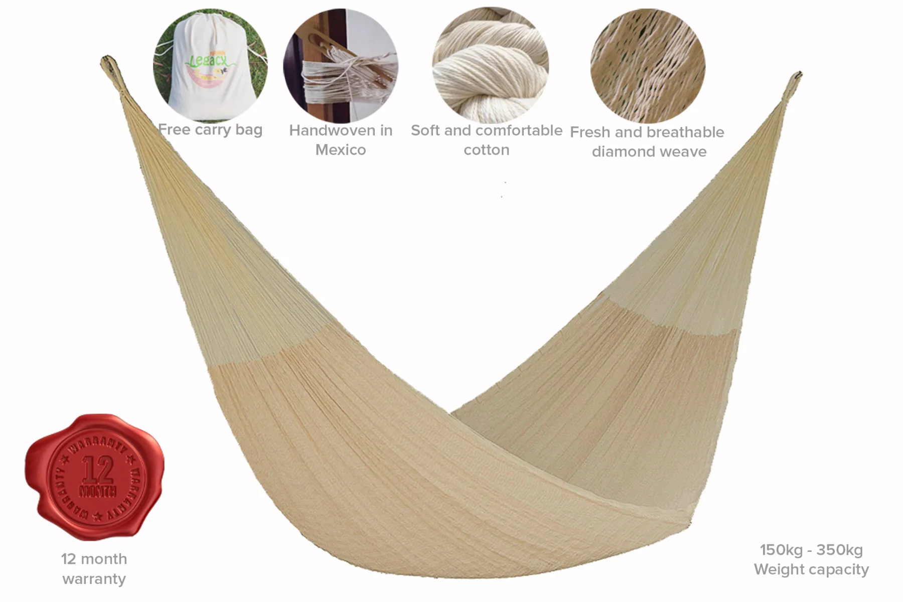 Mayan Legacy Jumbo Size Cotton Mexican Hammock in Cream Colour