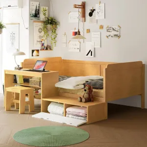 Merax Twin Size Daybed with Storage Shelves and Study Desk, Kid Bedframe with Lockers and Matching Stool for Bedroom, No Box Spring Needed, Natural