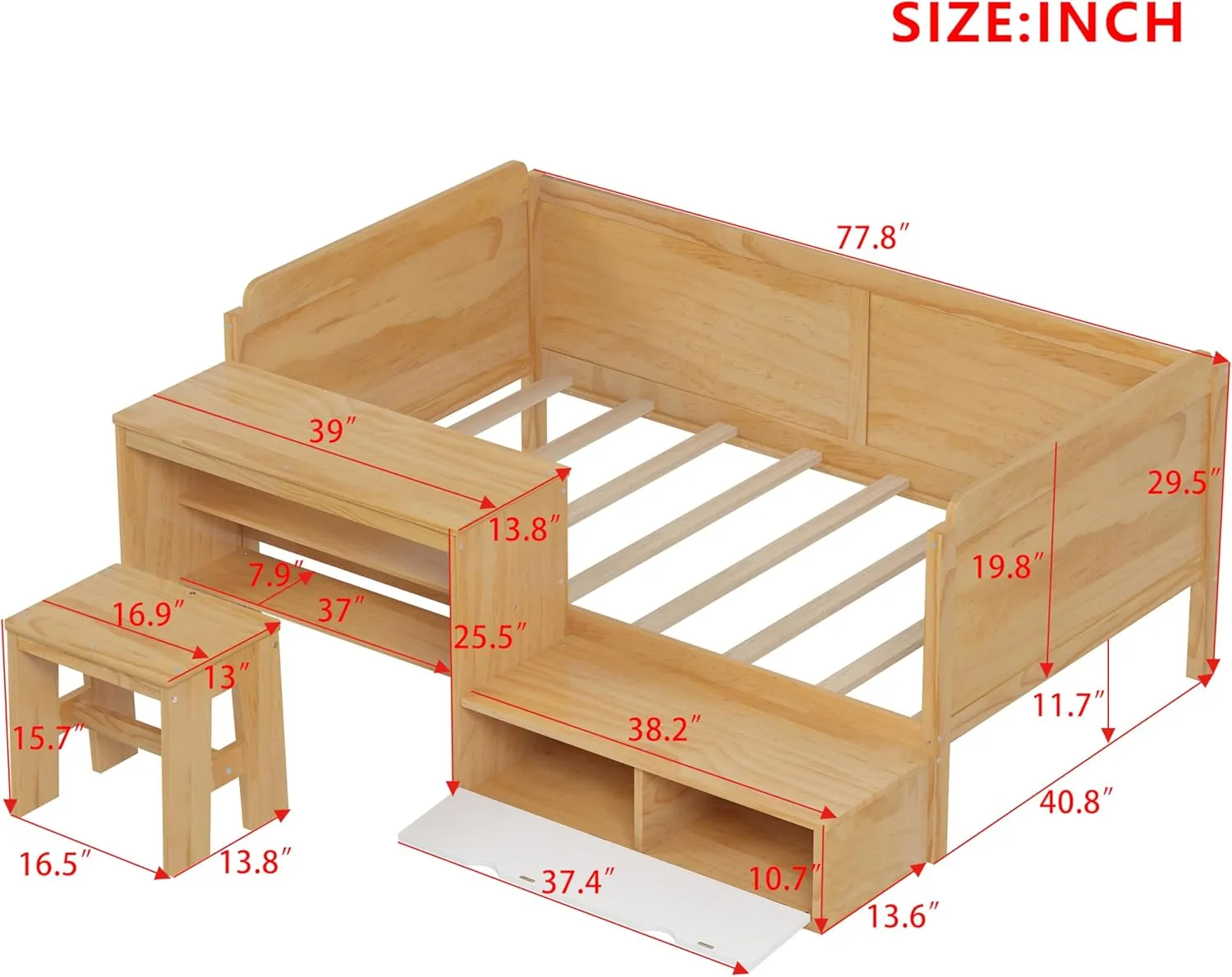 Merax Twin Size Daybed with Storage Shelves and Study Desk, Kid Bedframe with Lockers and Matching Stool for Bedroom, No Box Spring Needed, Natural