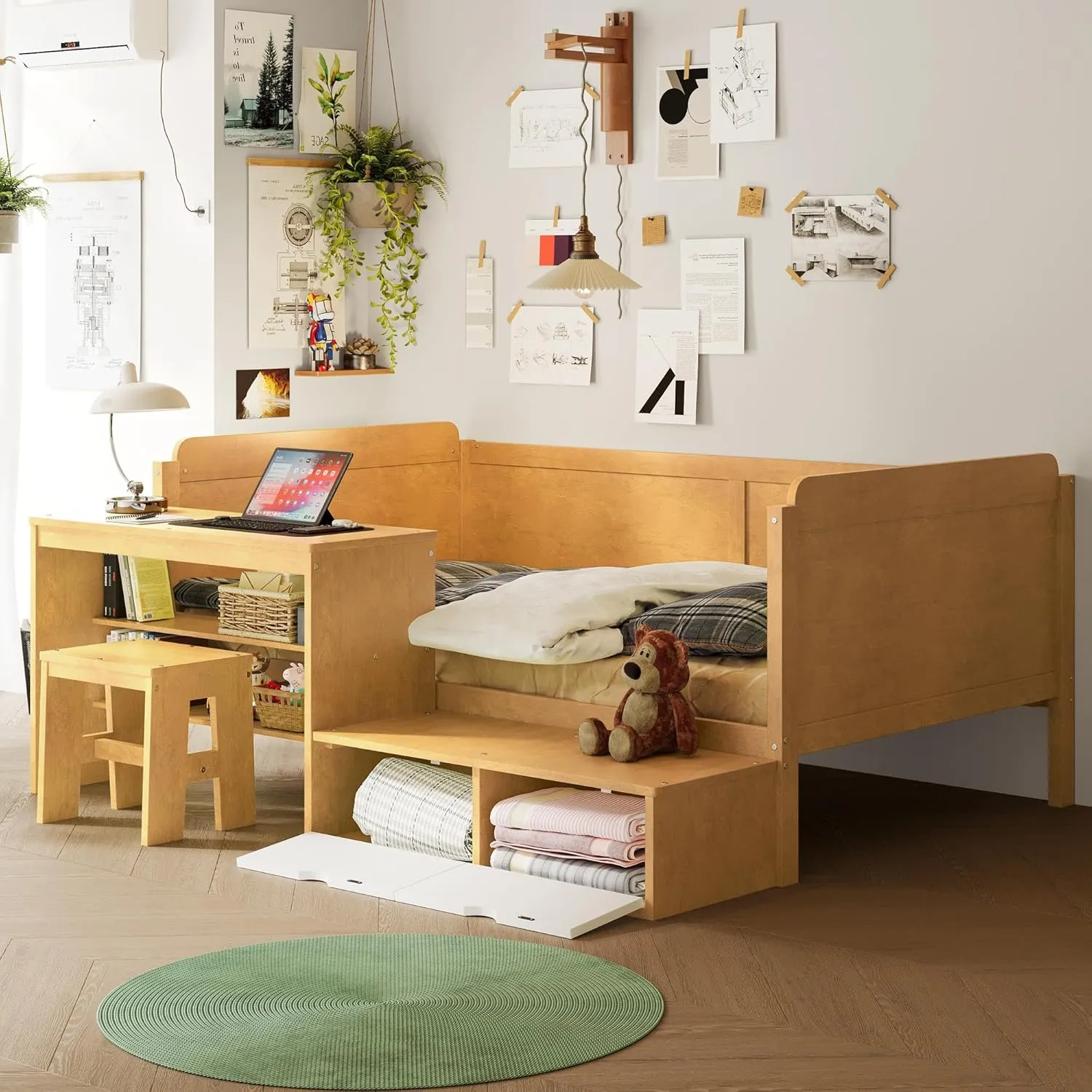 Merax Twin Size Daybed with Storage Shelves and Study Desk, Kid Bedframe with Lockers and Matching Stool for Bedroom, No Box Spring Needed, Natural