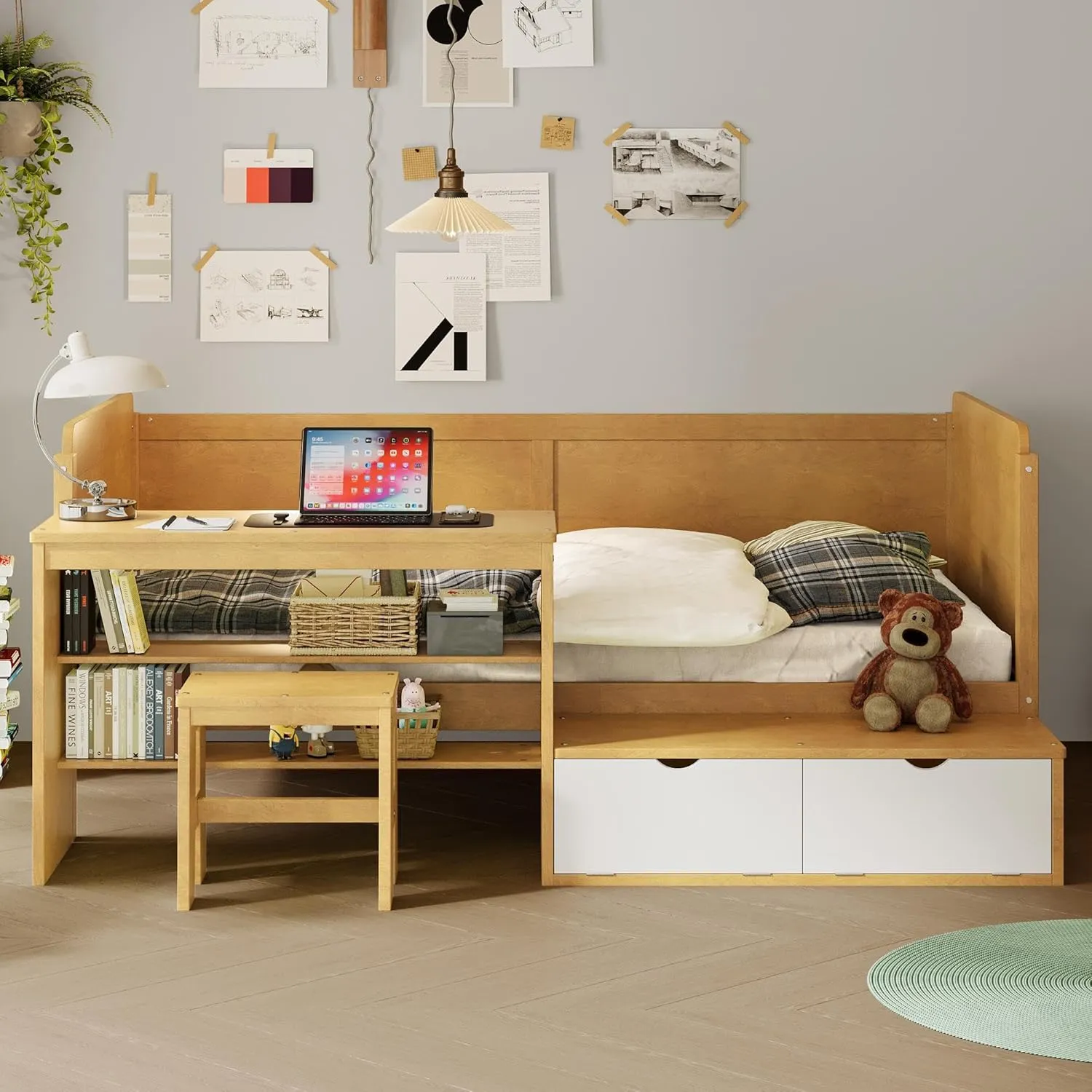Merax Twin Size Daybed with Storage Shelves and Study Desk, Kid Bedframe with Lockers and Matching Stool for Bedroom, No Box Spring Needed, Natural