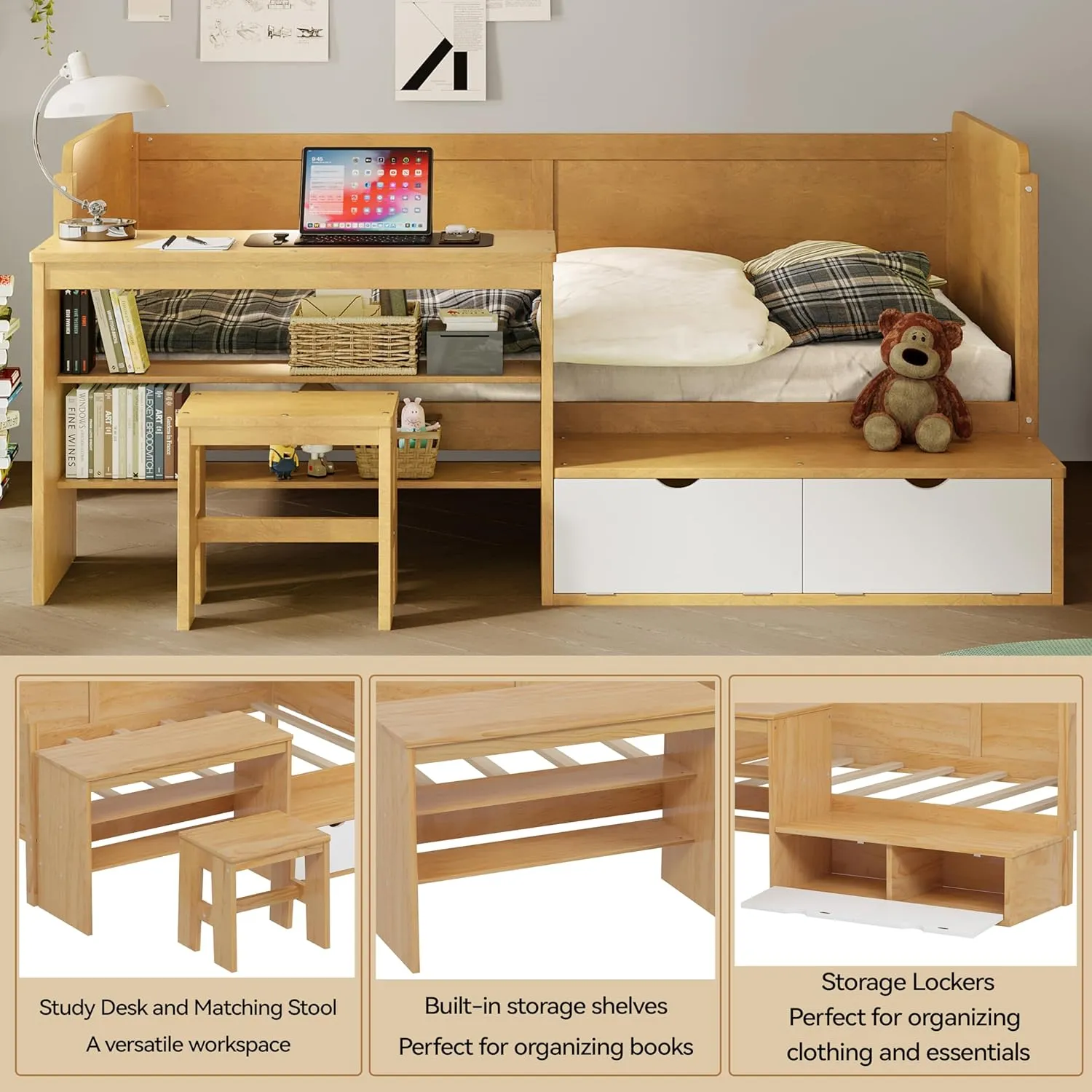 Merax Twin Size Daybed with Storage Shelves and Study Desk, Kid Bedframe with Lockers and Matching Stool for Bedroom, No Box Spring Needed, Natural