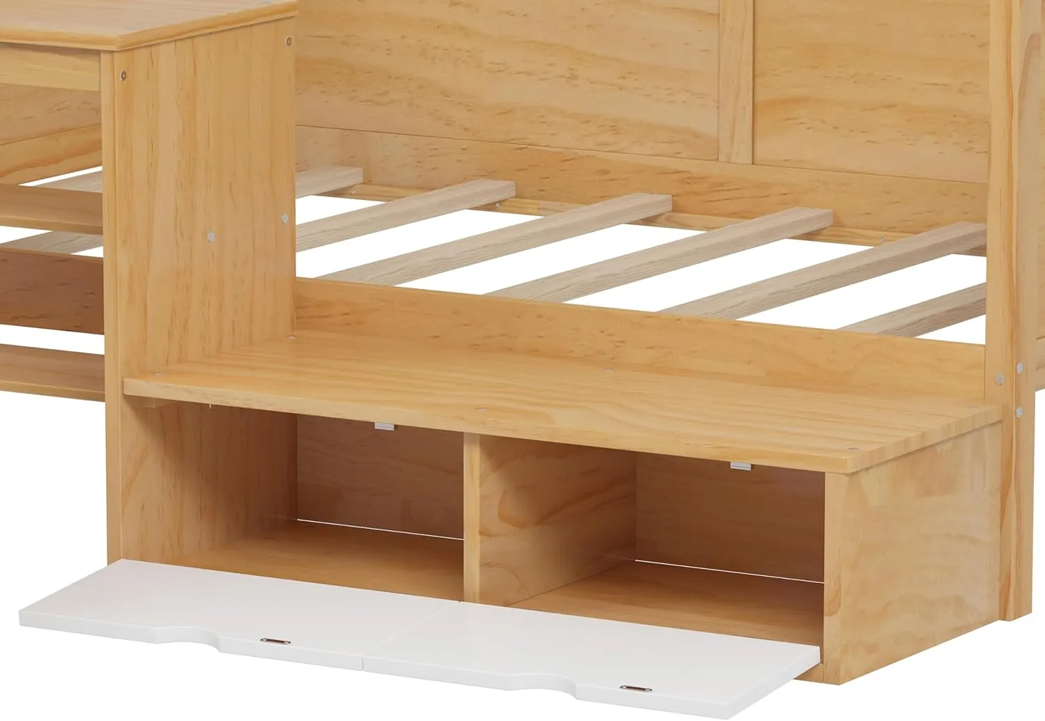 Merax Twin Size Daybed with Storage Shelves and Study Desk, Kid Bedframe with Lockers and Matching Stool for Bedroom, No Box Spring Needed, Natural