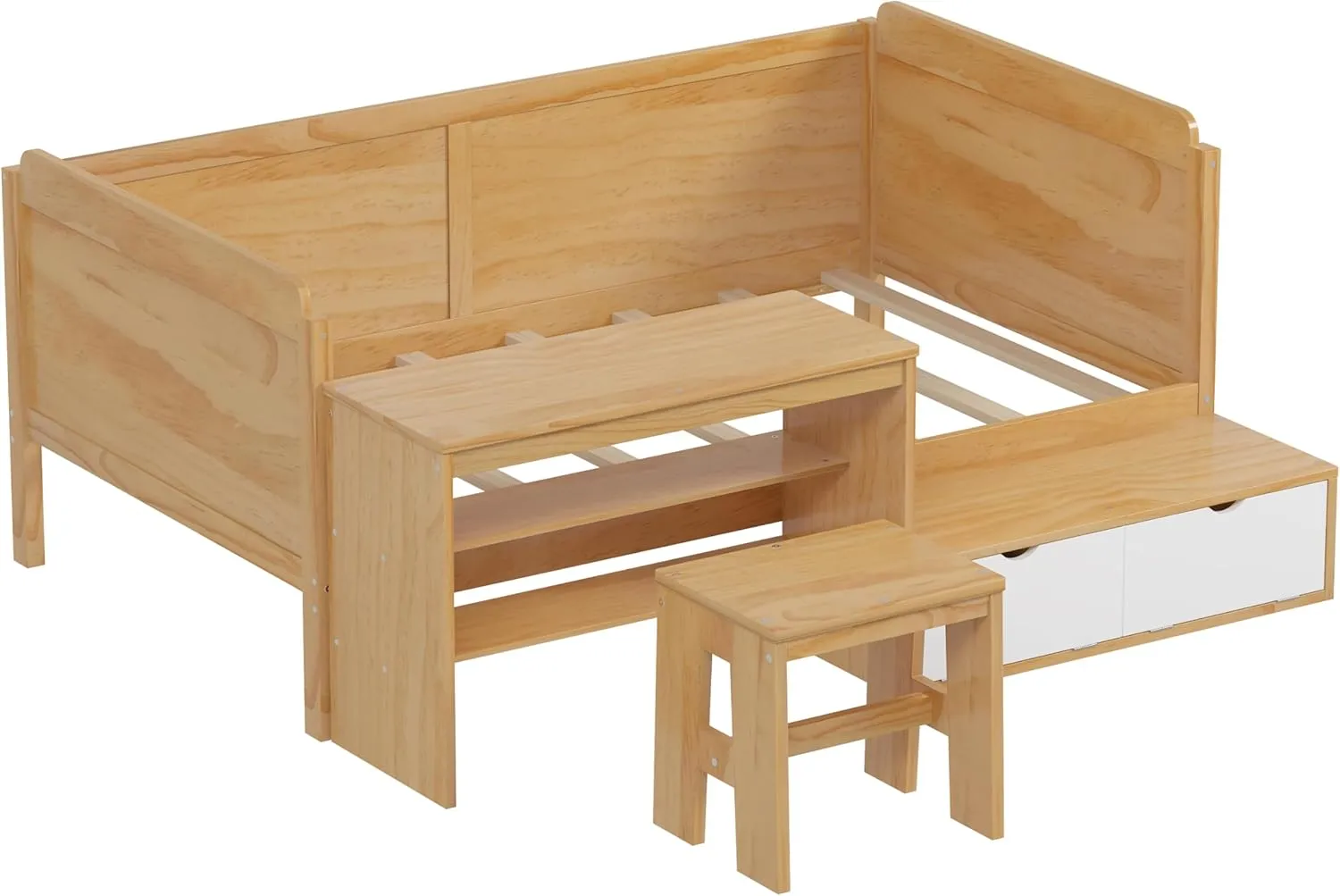 Merax Twin Size Daybed with Storage Shelves and Study Desk, Kid Bedframe with Lockers and Matching Stool for Bedroom, No Box Spring Needed, Natural