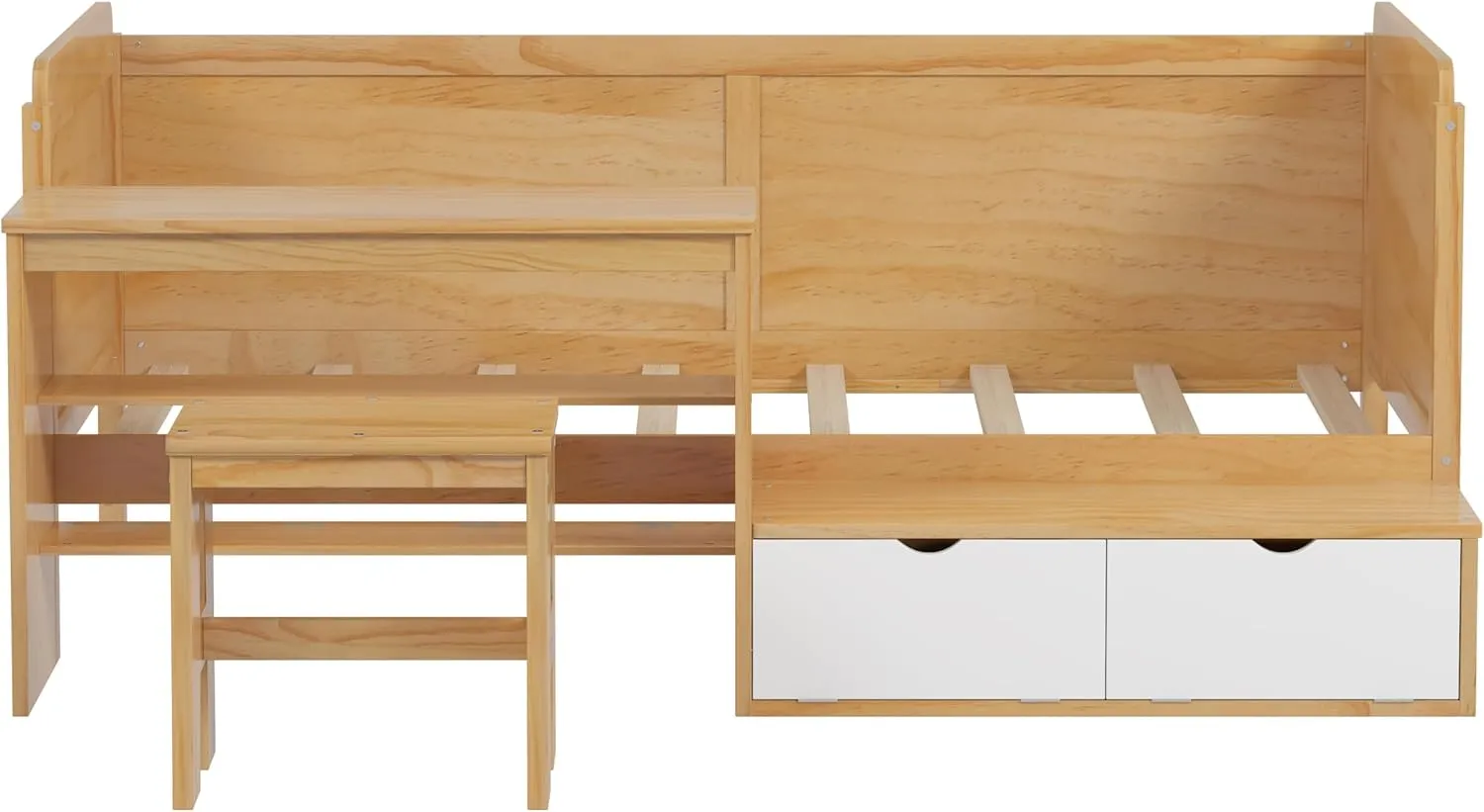 Merax Twin Size Daybed with Storage Shelves and Study Desk, Kid Bedframe with Lockers and Matching Stool for Bedroom, No Box Spring Needed, Natural