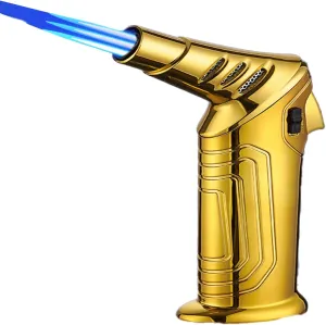 Metal Single/Triple Jet Torch Lighter, Butane Gas Filled, Safety Lock, Windproof Jet Flame, Suitable for Indoor and Outdoor use (Fuel not Included)(Gold1)