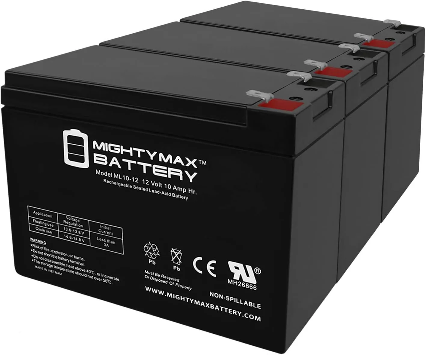 Mighty Max Battery 12V 10AH Scooter Battery Replaces Yuasa REC10-12 - 3 Pack
