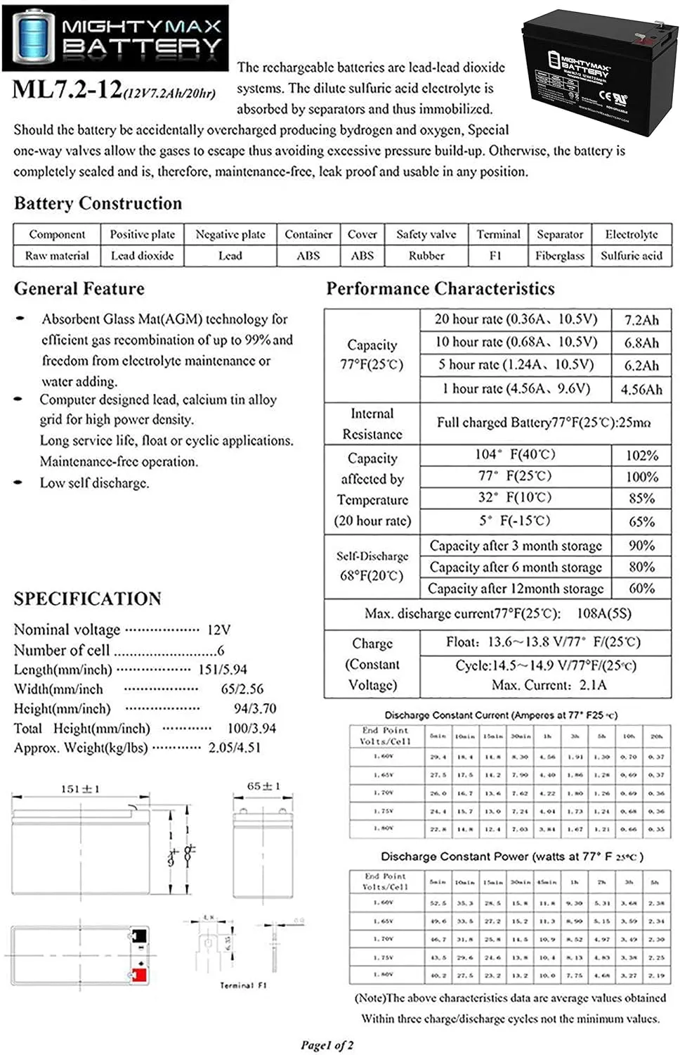 Mighty Max Battery 12V 7.2AH SLA Battery Replacement for Notifier PE712-8 Pack
