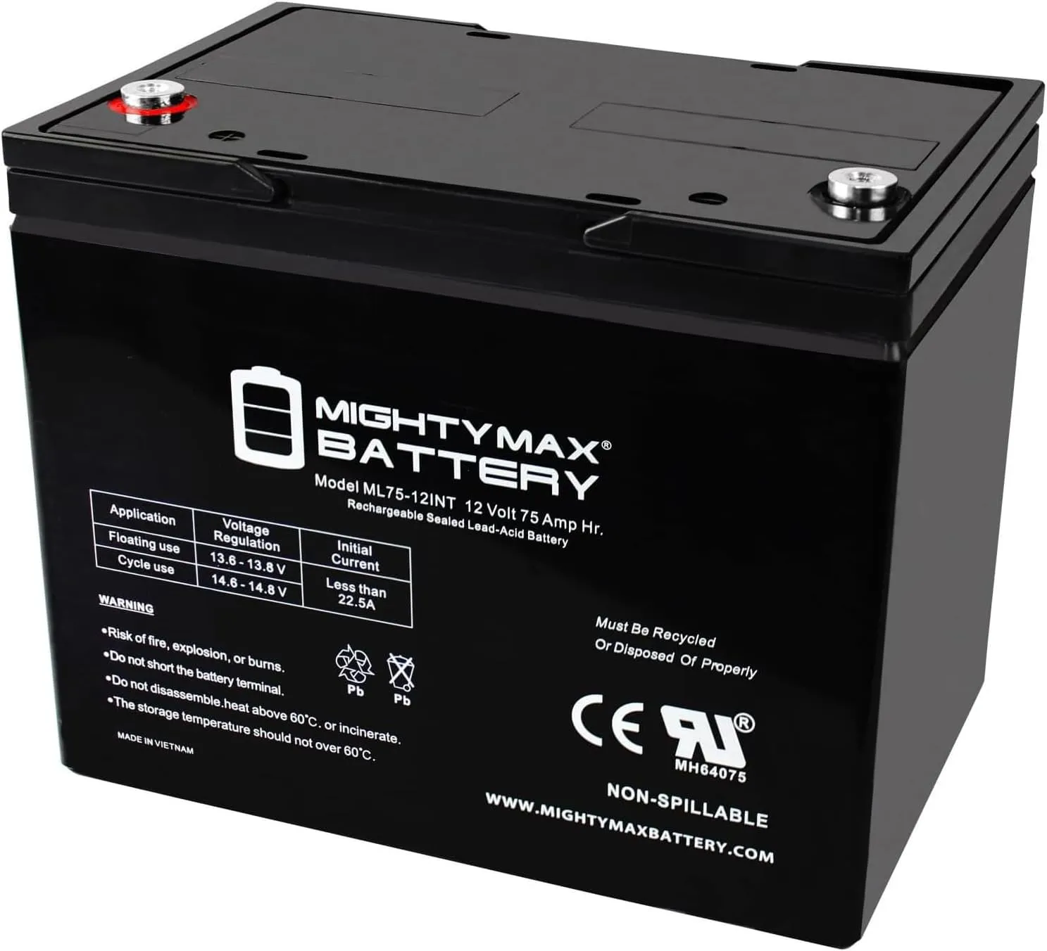 Mighty Max Battery 12V 75Ah Internal Thread Battery Replaces Permobil 400PS, 500PS